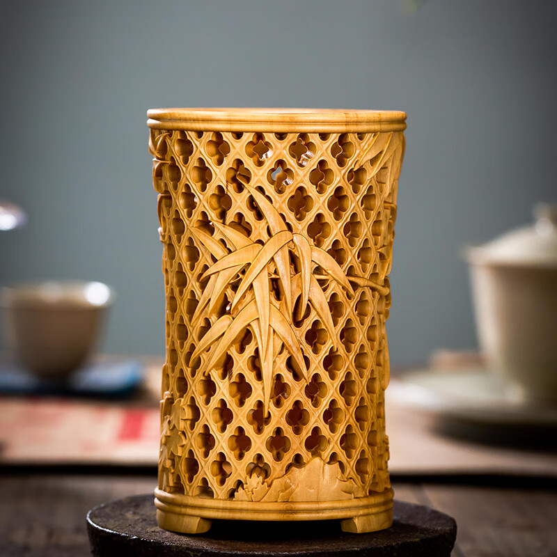 一木代传 木雕小叶黄杨木雕刻节节高升竹子笔筒家居饰品办公书桌工艺