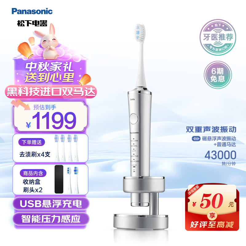 松下（Panasonic）电动牙刷进口马达牙医推荐双马达横纵震颤快速充电高效清洁护龈节日生日礼物送男友女友PDP67银