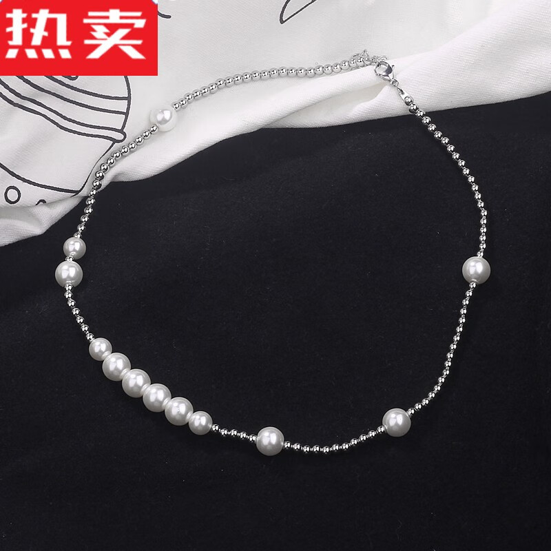 短款锁骨链男个性钛钢镶钻潮酷饰品女满钻古巴链 珍珠链 45 5cm长度