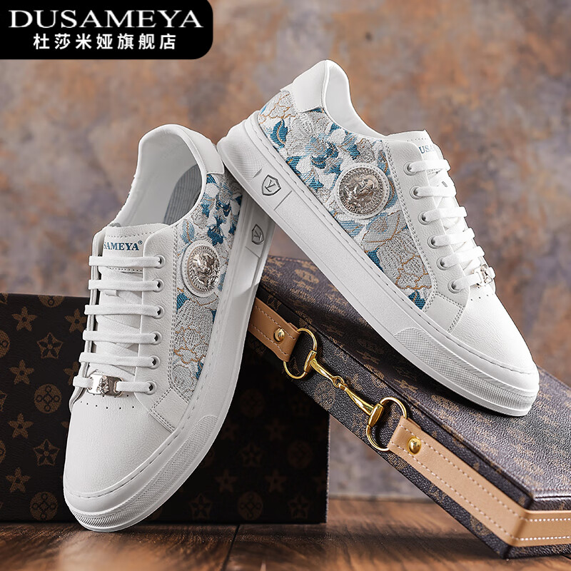 杜莎米娅夏季男鞋时尚百搭小白鞋青花瓷刺绣休闲鞋低帮透气板鞋 白兰 42
