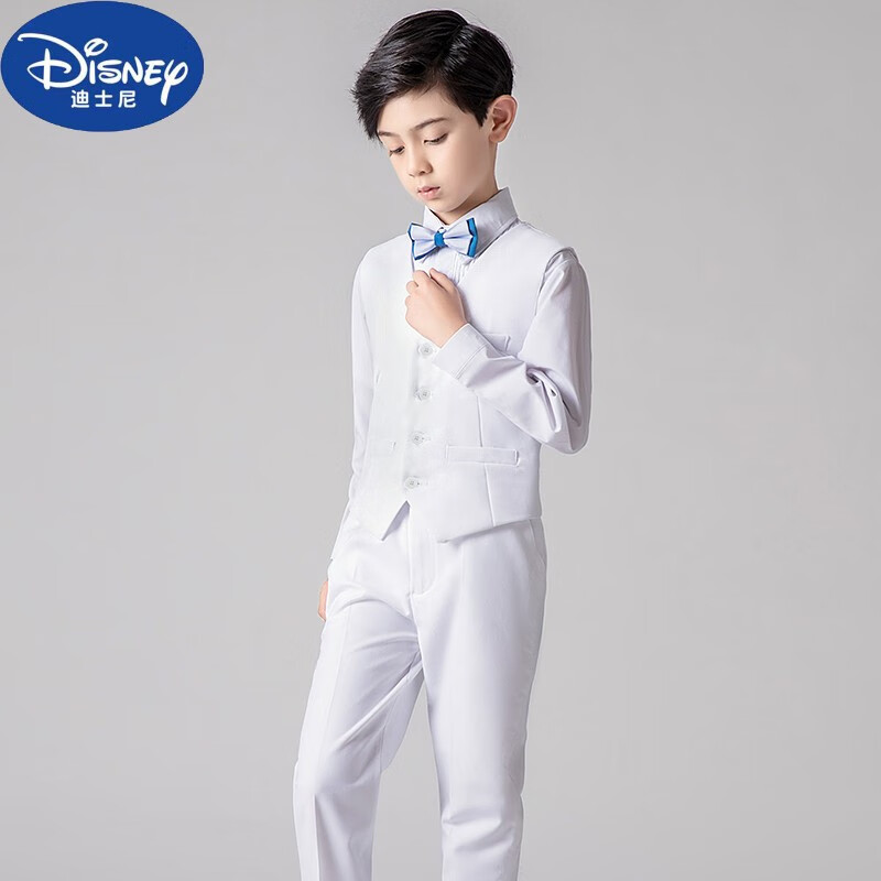 迪士尼（Disney）儿童西装套装男童花童礼服韩版中大童男孩小西服外套钢琴演出服夏 白色马夹三件套【马夹+长裤+领结 160cm