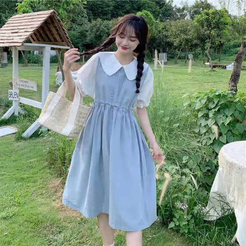 收腰背带连衣裙女学生韩版宽松显瘦chic裙子上衣套装夏 蓝色背带裙 s