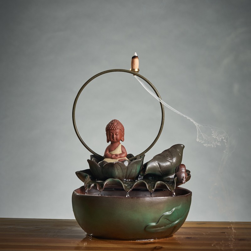 客厅装饰招财观音三圣加湿器禅意佛像玄关装饰 禅莲如来流水器摆件