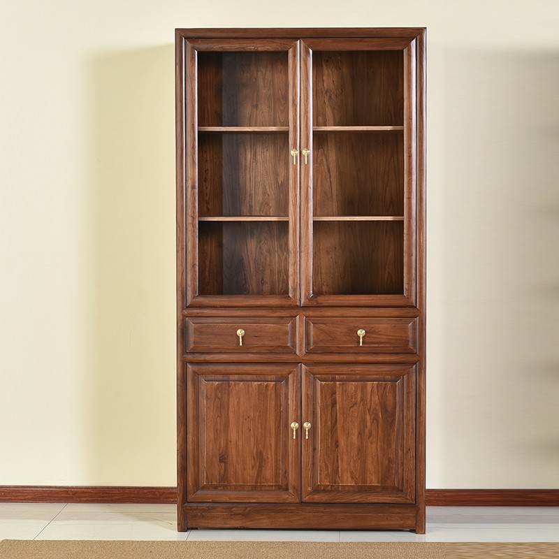 书柜老榆木落地组合收纳书架带门书橱简约客厅整墙家具 胡桃色书柜