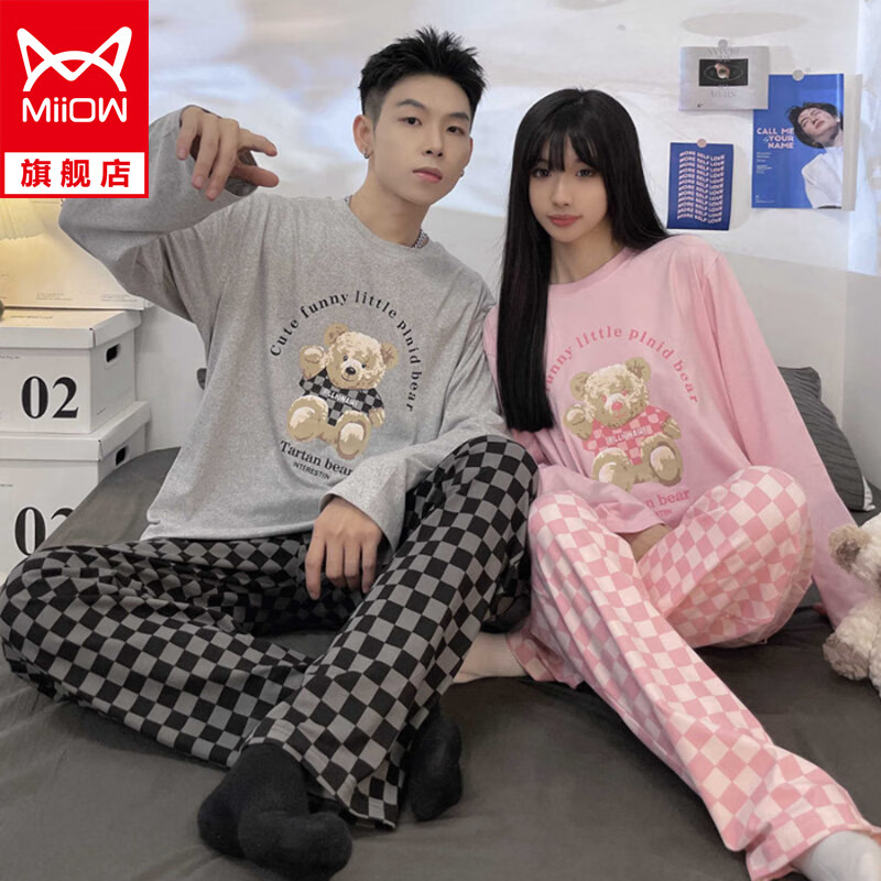 猫人春季新款双长情侣套装睡衣圆领卡通创意印花优质棉款MZ-10 523-HX-Q20018-灰粉 男3XL(适合140-160斤)怎么样,好用不?