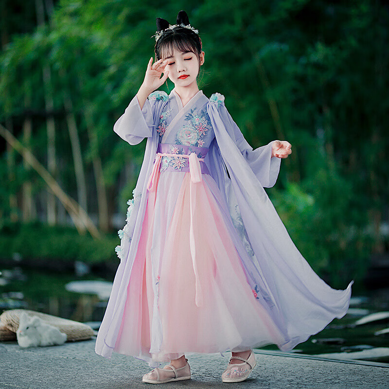 碧彩雅(bicaiya)女童汉服春季古风连衣裙古装长袖小女孩中国风唐装