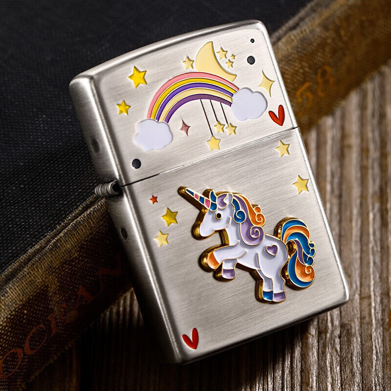 zippo打火机芝宝古银填漆贴章独角兽 zp之宝煤油防风火机七夕情人节