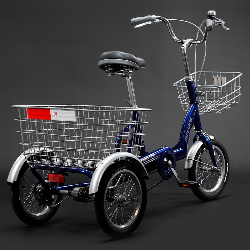 菲利普（PHILLIPS）三轮车自行车人力脚蹬四轮车老人买菜代步轻便载货用成人单车 蓝色【辐条轮】14寸-三轮款