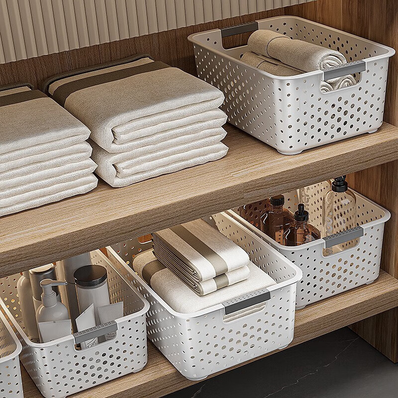 稻草熊家用杂物收纳筐零食化妆品桌面厨房卧室储物盒整理盒塑料收纳盒子 白色特大号-三个装