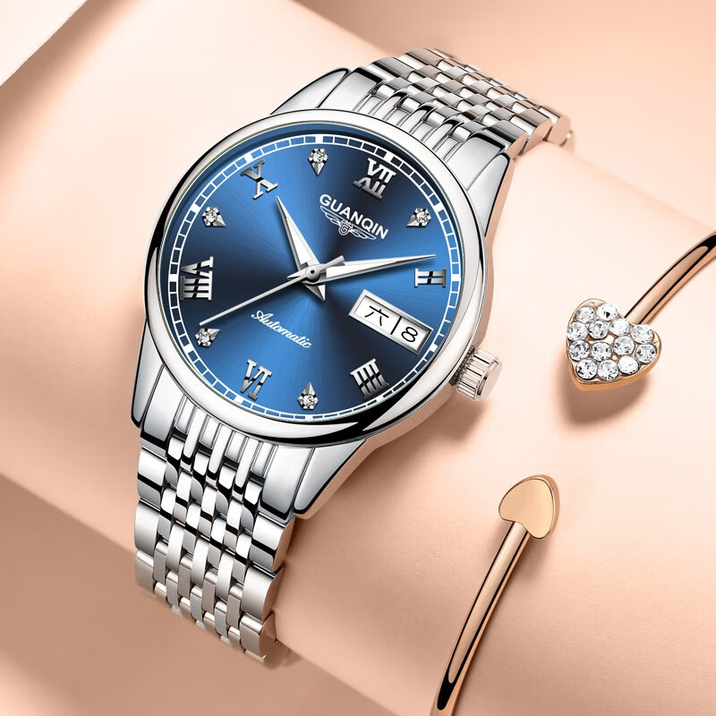 冠琴(guanqin)新款名牌手表女情侣款全自动机械表夜光防水双日历腕表
