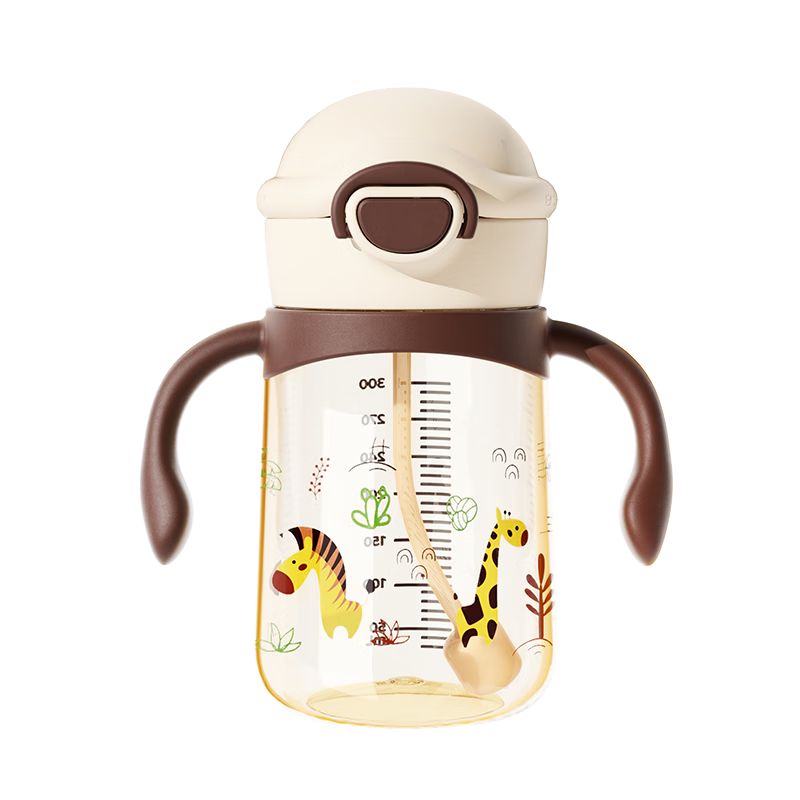 NEVS學(xué)飲杯6個月一歲以上鴨嘴杯嬰兒吸管杯兒童水杯寶寶喝水喝奶瓶 蒙格黃 350ml （重力球款）+背帶