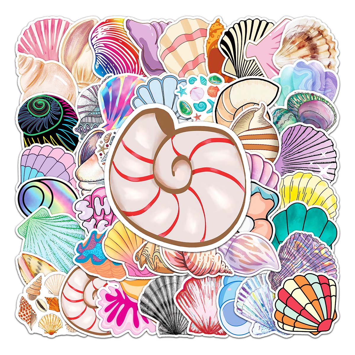 50张ins彩色沙滩贝壳海螺童趣卡通贴画 少女心手账咕卡平板拉杆箱贴纸