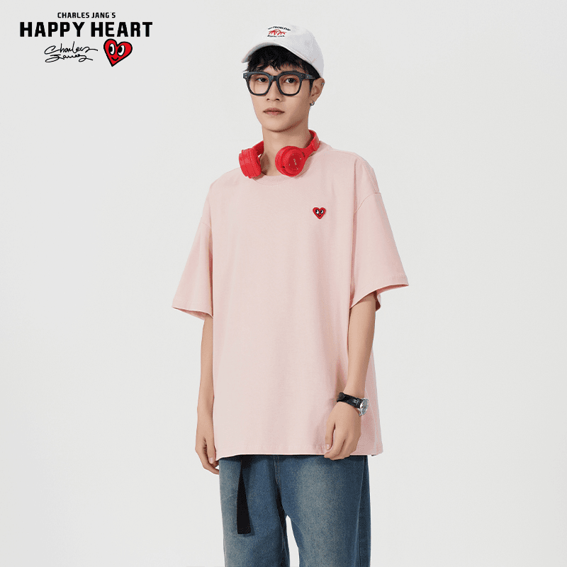 查尔斯桃心短袖t恤男260G重磅夏季潮流刺绣圆领上衣青少年宽松纯棉短t 粉色 2XL