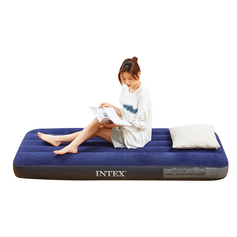INTEX 2019年线拉蓝色款64757家用充气床垫户外气垫床特大加高单人折叠床99*191*25cm躺椅充气垫防潮垫