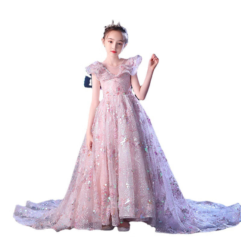 因乐图女童公主裙2022秋季儿童模特走秀演出服装小主持人粉色晚礼服