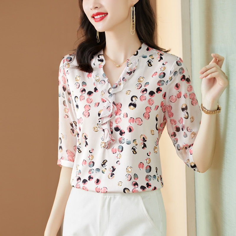 女士桑蚕丝半截袖女款真丝半袖上衣短袖t恤杭州新款高端夏季 花色 l