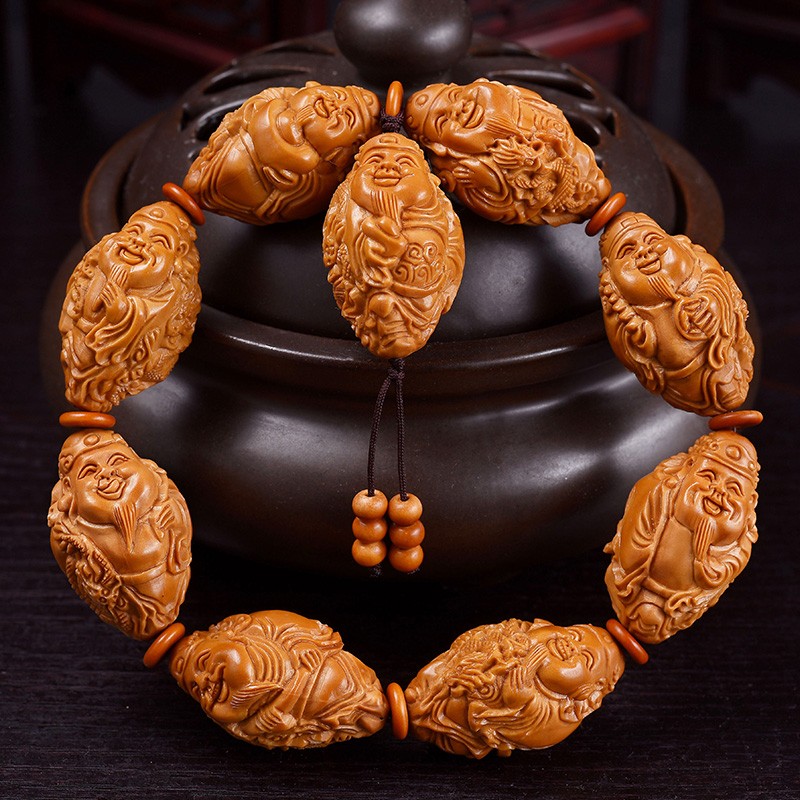 0大籽八大财神 文玩手串橄榄核雕手把件 核雕大师雨辰 雕 2.0*3.4cm