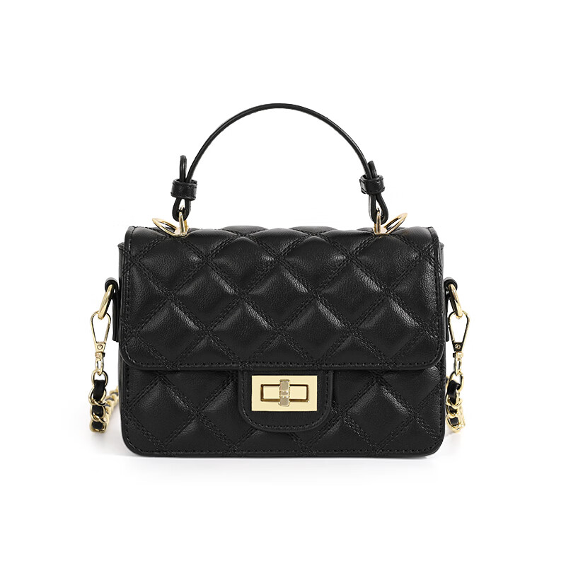 calculat&keenck菱格小方包质感手锁扣斜挎包包女 黑色