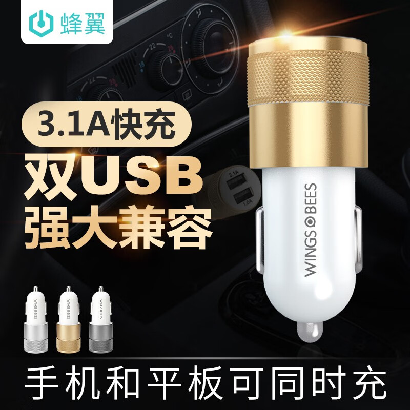 蜂翼 车载充电器汽车用车充一拖二双usb车用手机充电器点烟器 布鲁灰