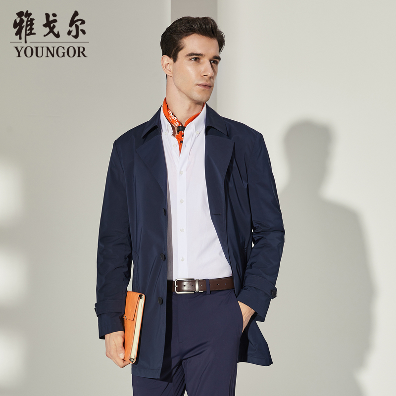 雅戈尔(YOUNGOR)风衣男翻领长款单风衣时尚商务休闲男士上衣外套 GYDF424997FQA藏青色 M 170/92A