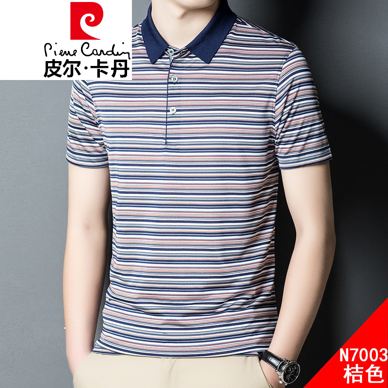 皮尔卡丹品牌高档男装 高档冰丝t恤男短袖夏季翻领横细彩条纹t恤含桑