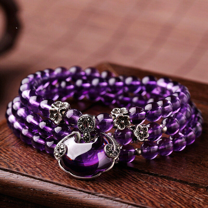 天然紫水晶手链女 多圈如意葫芦手串民族风佛珠手串 浅紫色-如意