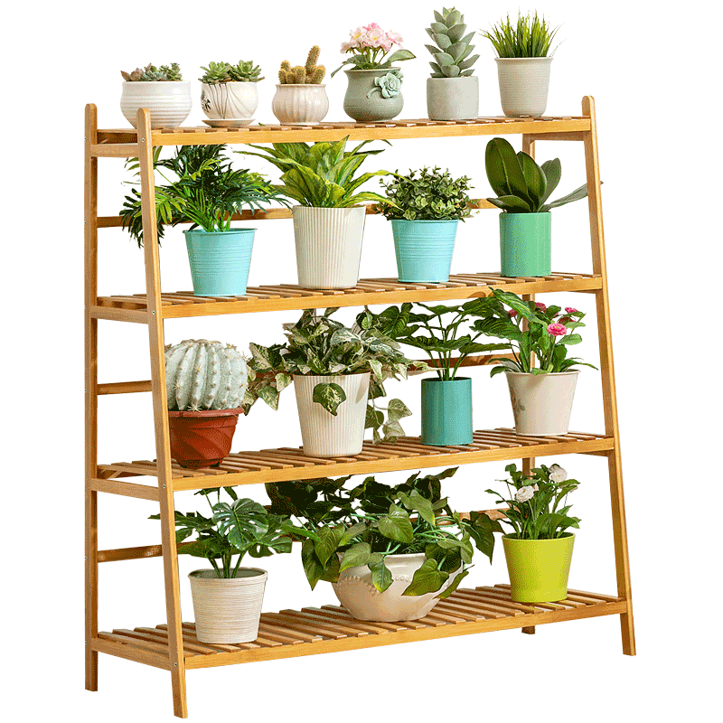 木马人 简易落地式花架客厅室内盆栽欧式多层绿植花盆架现代简约楠竹阳台栅栏多肉绿萝吊篮花架子置物层架 原色款-四层100长【加粗加固】