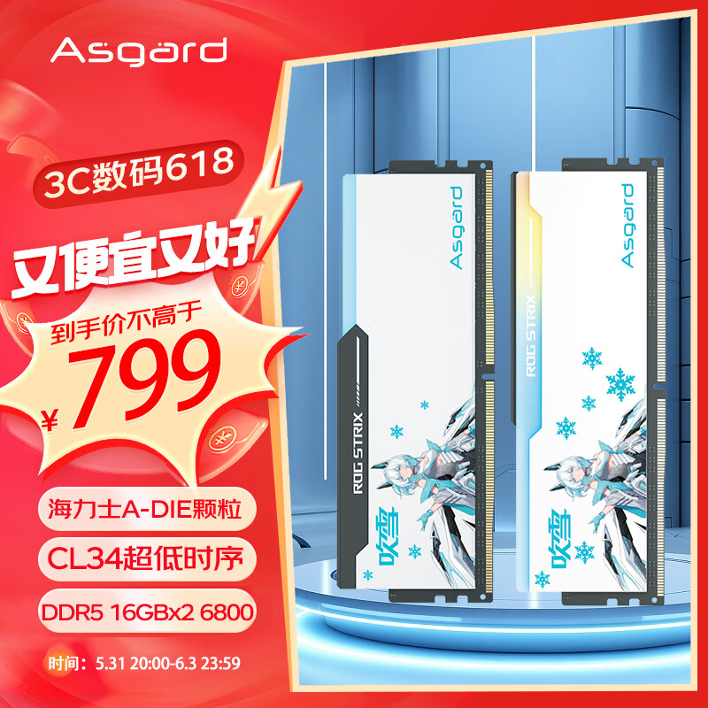 阿斯加特（Asgard）32GB(16GBx2)套 DDR5 6800 台式机内存 RGB灯条-吹雪联名款【CL34】