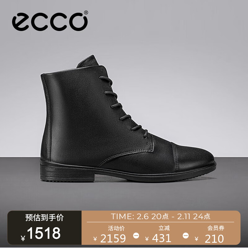 ECCO爱步马丁靴 女鞋冬新款高帮系带圆头绒面女靴 触感216923 黑色21692301001 36