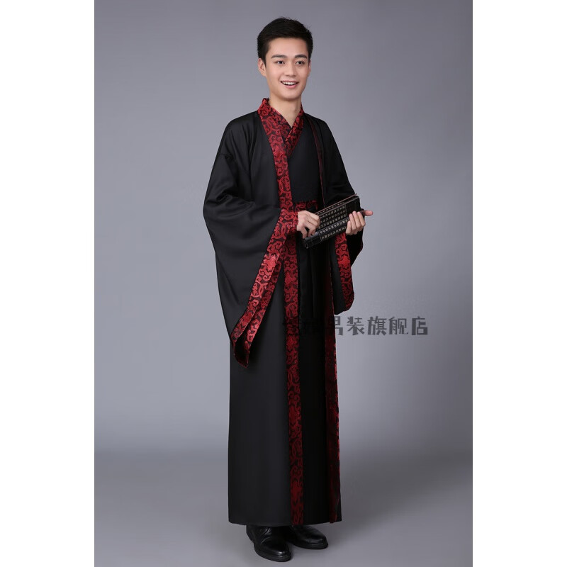 古代华服唐装深衣古装演出服装男士黑色汉服 黑色直裾黑色大氅腰封 s
