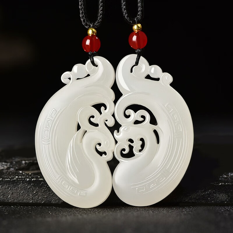 靳钰晨 和田玉羊脂白玉镂空龙凤呈祥吊坠情侣玉佩项链天然玉石玉吊坠