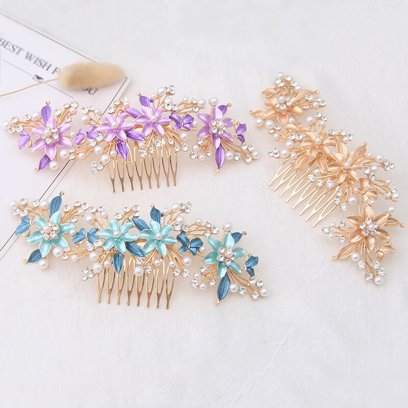 婚礼烤漆花卉发梳玫瑰花朵合金女士发饰新娘盘发插梳 FS20921蓝