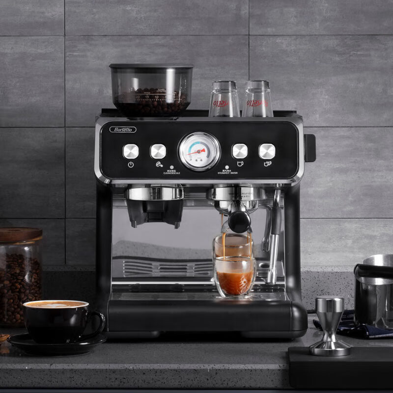 Barsetto意大利百胜图BAE02二代研磨咖啡机双锅炉双泵意式咖啡机半自动咖啡机带现研磨豆一体奶茶店小商用 BAE02（黑色） 经济型震动泵