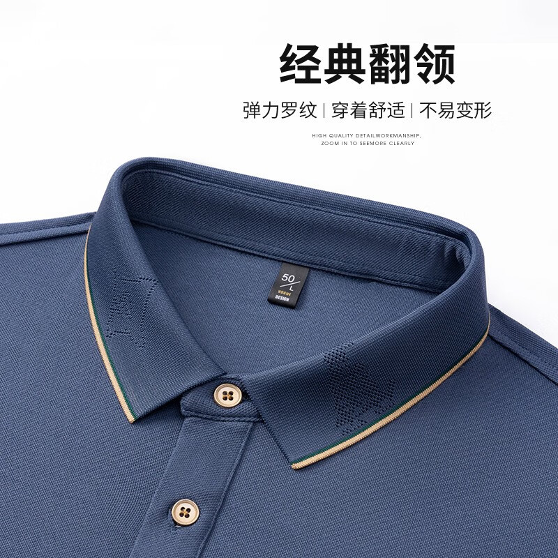 雅鹿【桑蚕丝】长袖T恤男士中年商务polo体恤衫2026春季爸爸装上衣服 宝蓝 L (175)