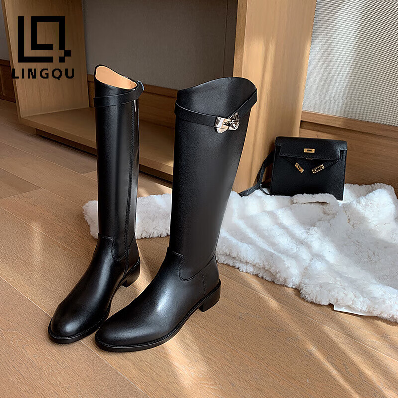 lingqu欧美秋冬新款骑士靴粗跟侧拉链斜口锁扣长筒靴大象灰皮革拼接