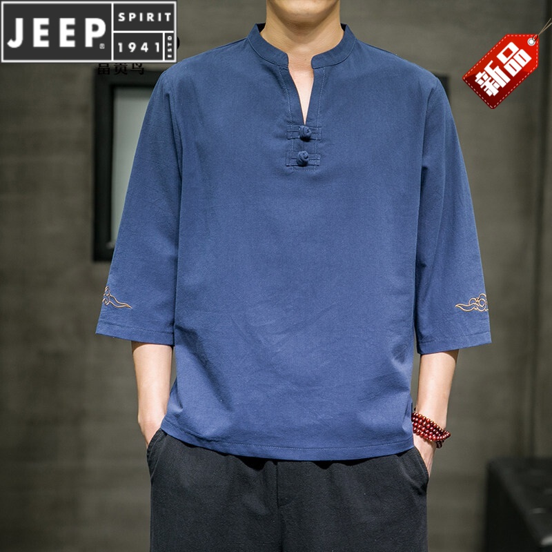 jeep/吉普【品牌男装】棉麻刺绣t恤男中国风v半袖夏季潮流百搭宽松大