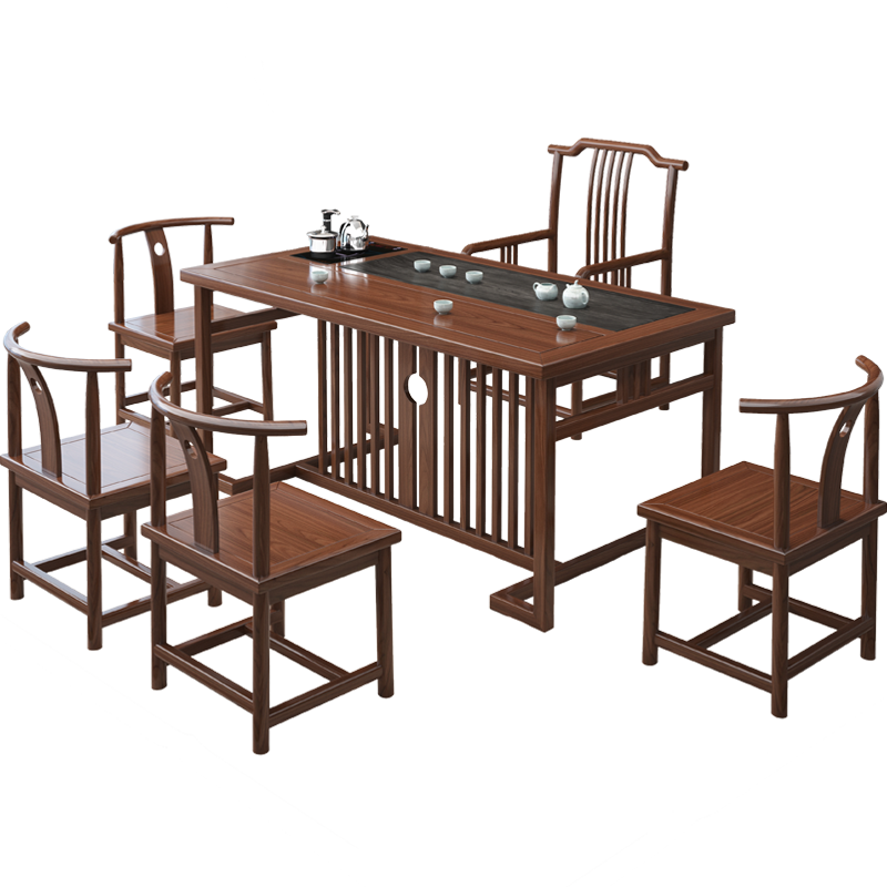 kuoson 茶桌组合新中式洽谈接待实木功夫茶桌中圆(1茶桌+1琴弦椅+4月牙椅)