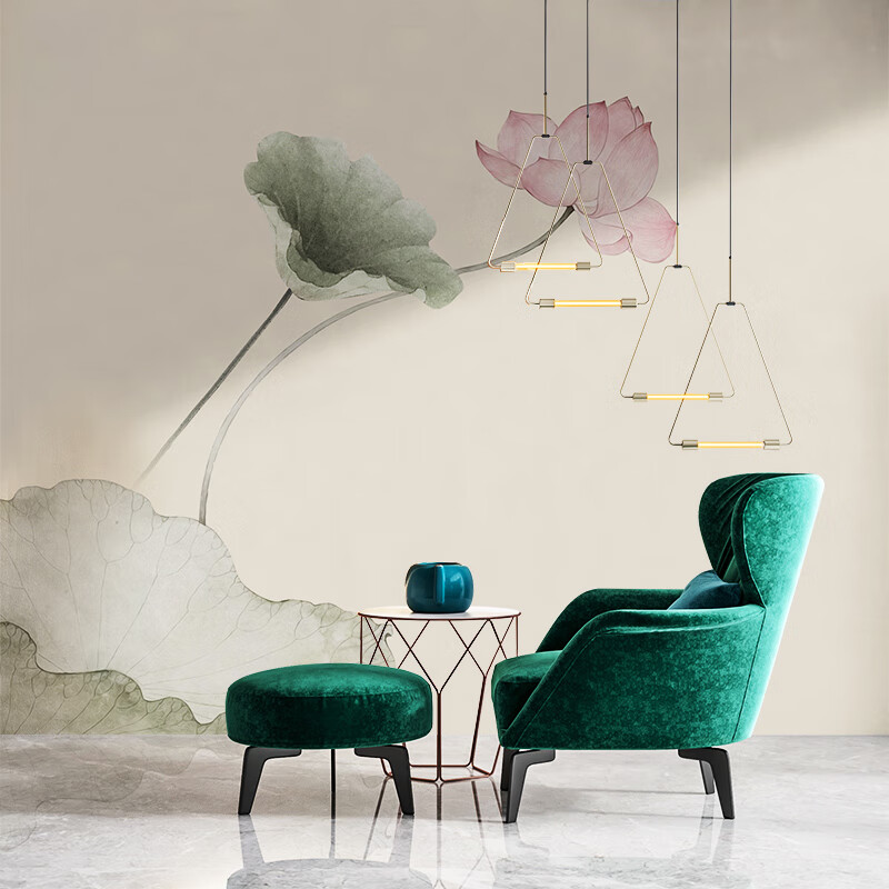 仁聚益新中式淡雅水墨荷花电视背景墙壁纸古风客厅沙发影视墙布定制