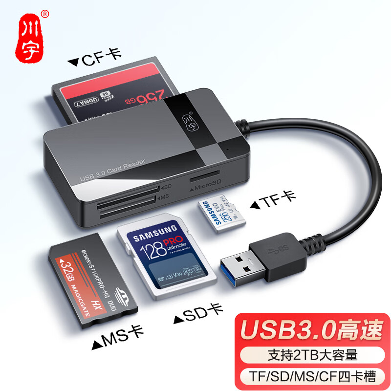 川宇USB3.0高速SD/TF/CF/MS卡多功能合一读卡器支持单反相机存储卡行车记录仪无人机电脑手机内存卡