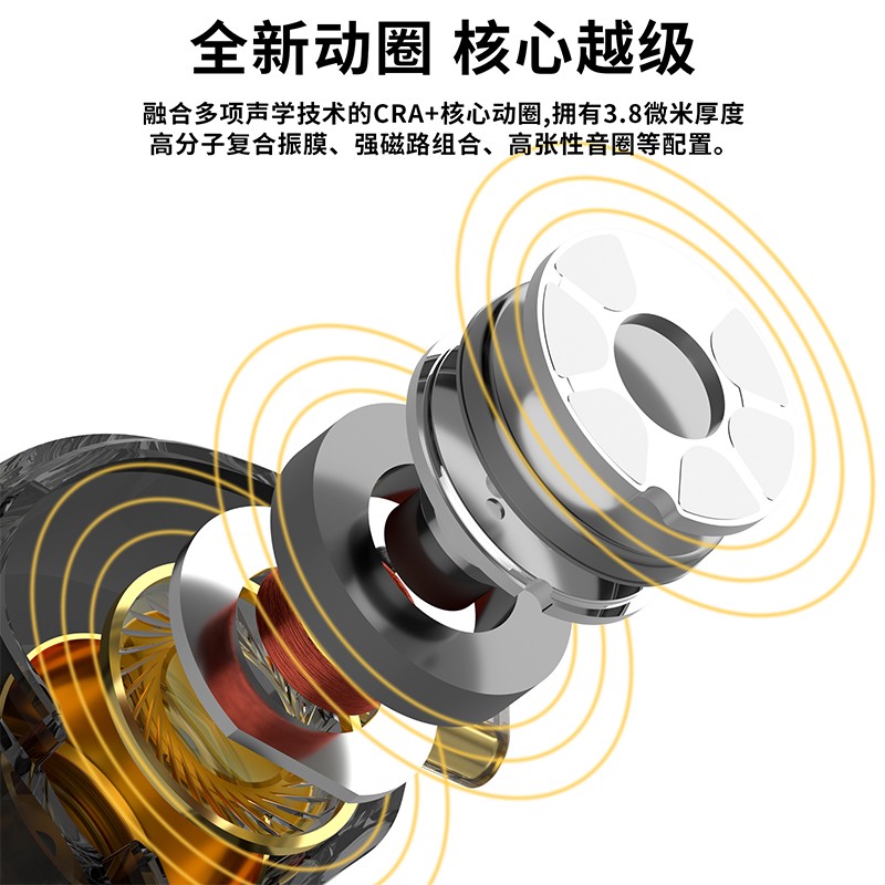 CCA CRA+双动圈入耳式有线耳机 游戏耳机type-c 耳塞耳麦可换线 HIFI监听安卓手机 幻影金【3.5mm圆孔 无麦款】