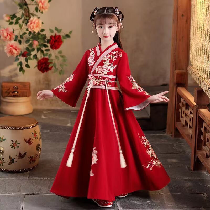 碧眼狐品牌儿童汉服古装童装女童唐装小女孩古风中大童秋冬天中国风 红色+贈品  单裙 140属于什么档次？