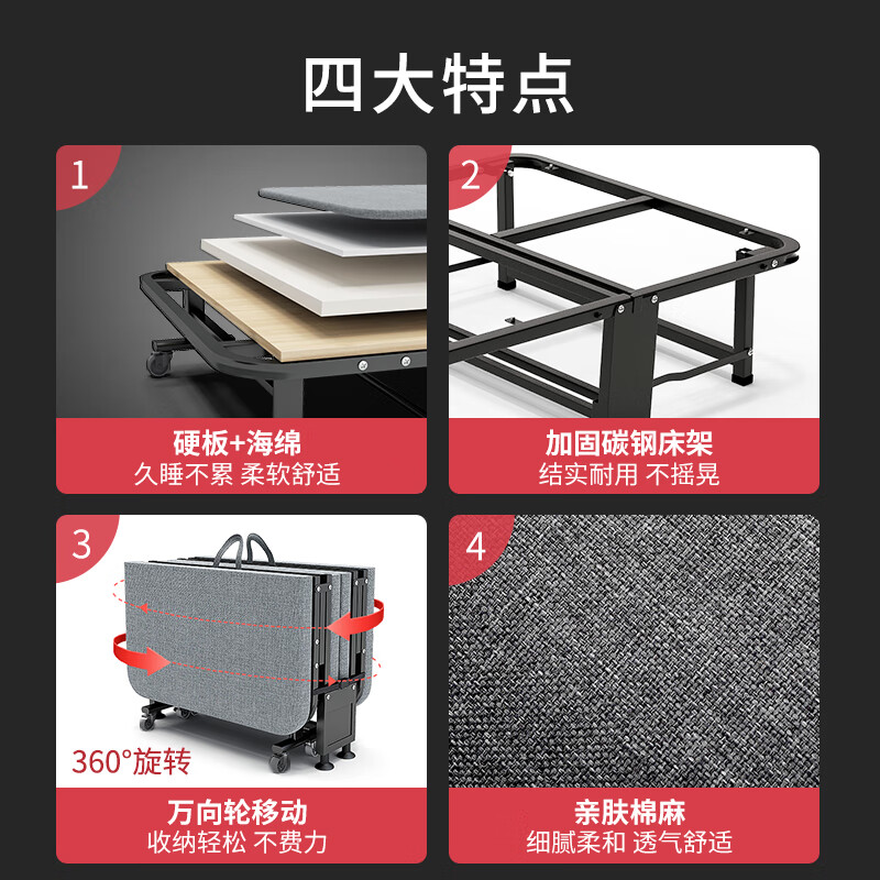 午憩宝折叠床单人午休床办公室午睡床四折海绵床便携躺椅医院陪护木板床 【加长180CM/易开合】60CM宽