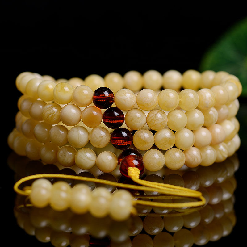 jea · pie天然俄料白花蜜108佛珠蜜蜡多圈手链 琥珀项链两用手串