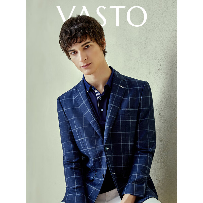 vasto华斯度春季格纹西装蓝色格纹修身春季西服商务正装 蓝色 46