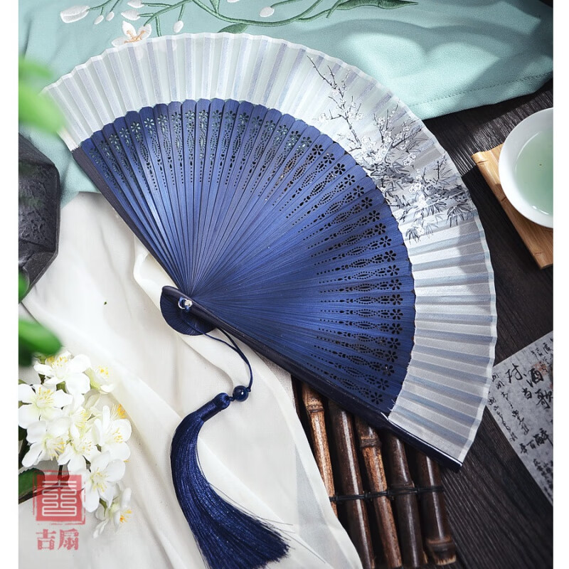 扇子女士折扇女式中国风古风古典夏季随身折叠旗袍 深蓝色 日用扇