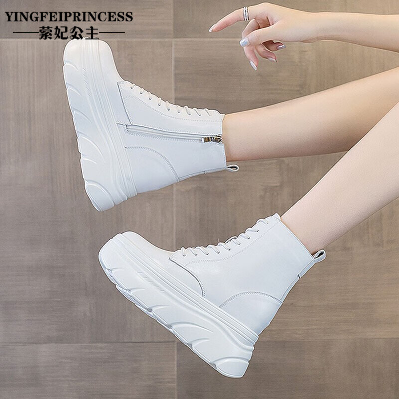 品牌内增高马丁靴女秋季新款薄款厚底英伦风小个子白色短靴单靴子