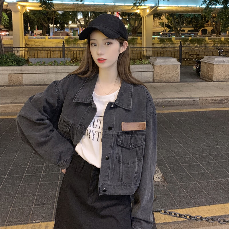 爱依服复古港风牛仔短外套女春秋季韩版宽松显瘦百搭夹克上衣长袖牛仔