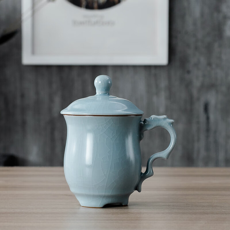 铭汇通上合峰会龙头杯会议汝窑办公杯陶瓷茶杯冰裂釉带盖个人杯开片可
