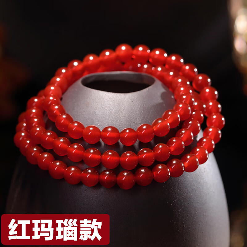 铭闽红玛瑙多圈男女手链白黄蓝黑绿粉玉髓水晶三圈手串 红玛瑙6mm三圈
