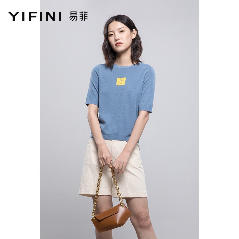 易菲（YIFINI）春新款短款套头五分袖印花针织衫上衣 薄雾